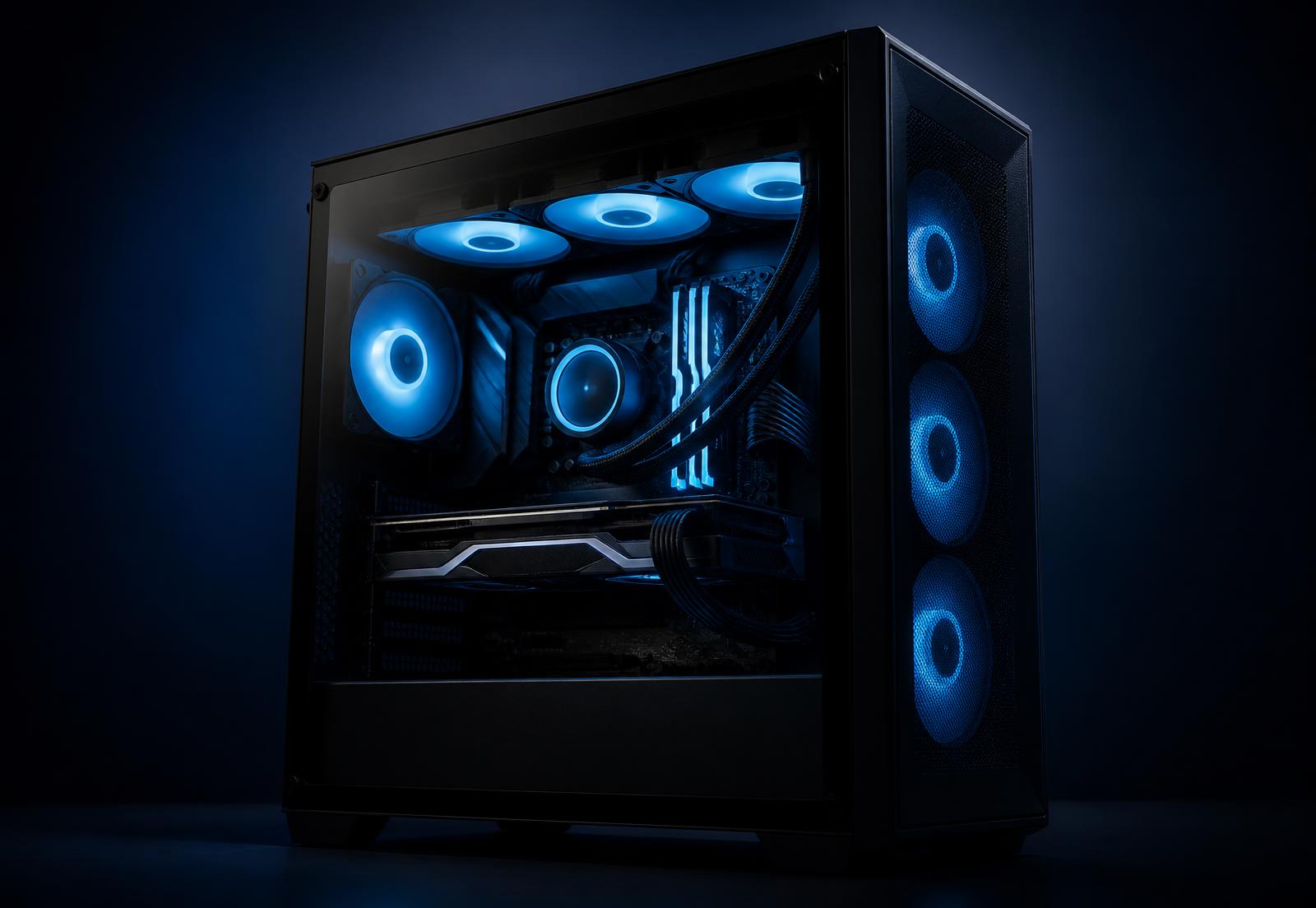 Computadora gaming con panel de cristal e iluminación azul
